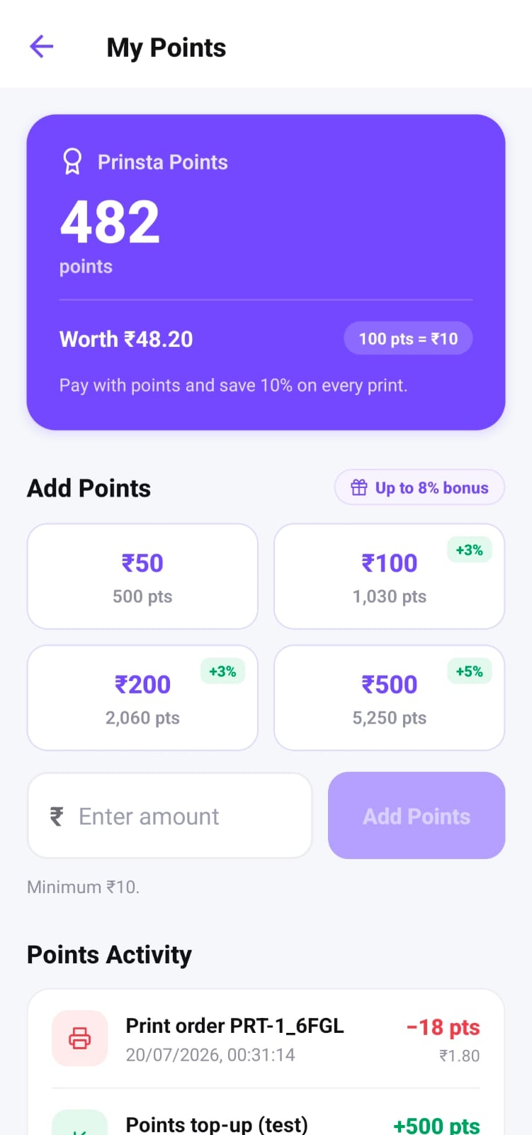 Prinsta app — Prinsta Points
